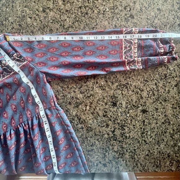 Boho Peasant Blue Long Sleeve Keyhole Tie Peplum Blouse Size Large - Picture 9 of 9